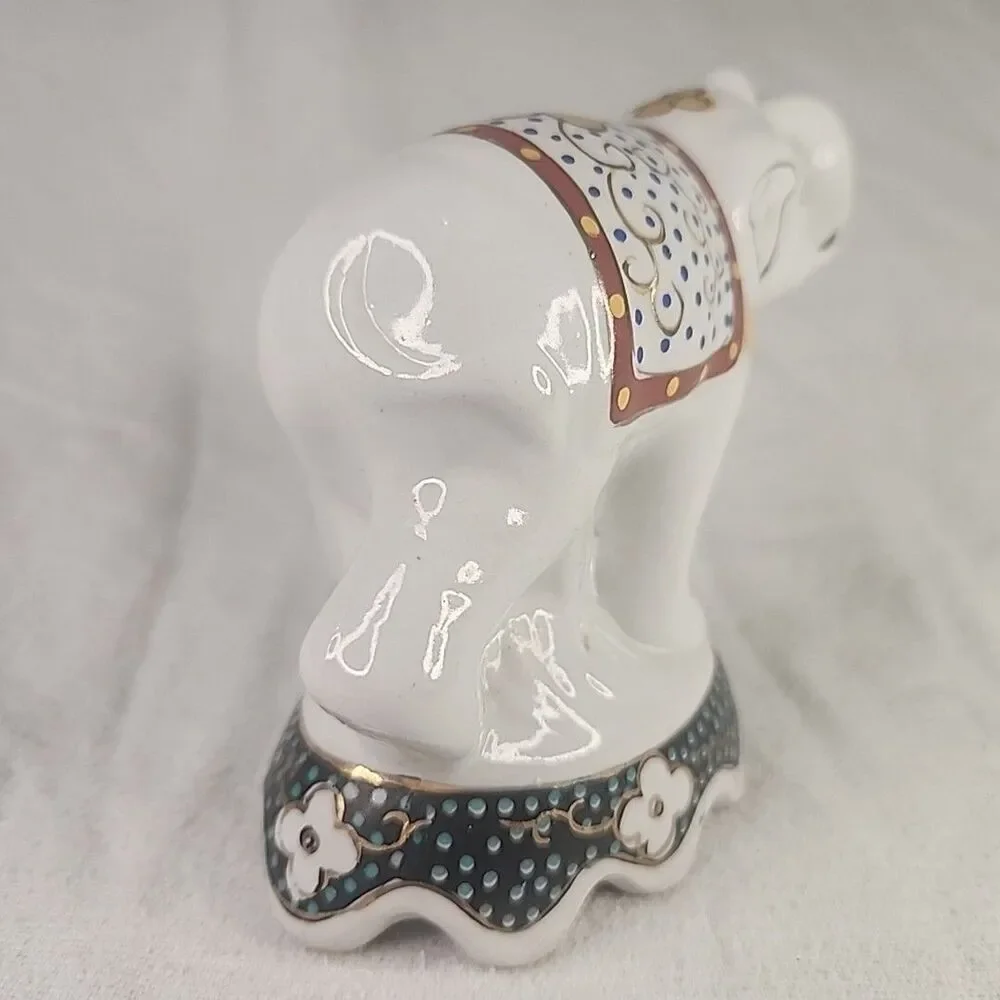 Elephant White Blue Floral Blanket Gold Accent Ceramic Figurine 4 1/2
